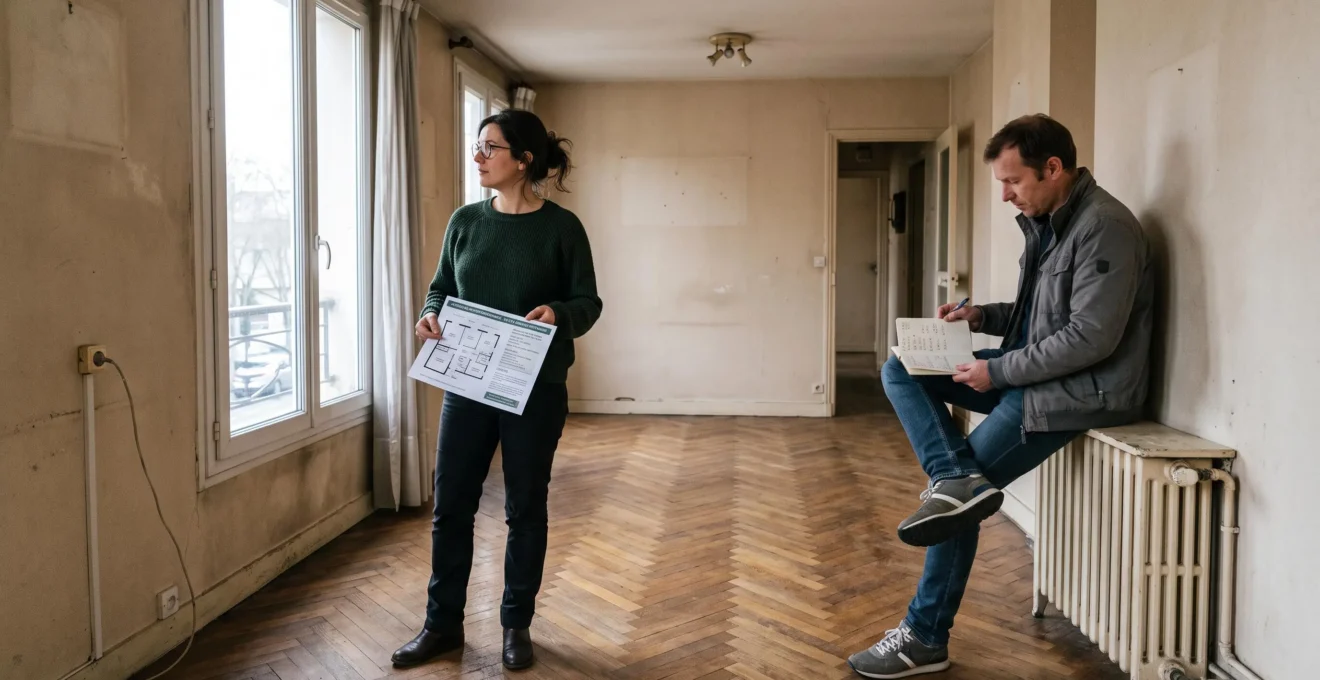 Un acheteur visite un appartement ancien avec des documents d'annonce en main, évaluant l'état du bien avant un achat locatif.