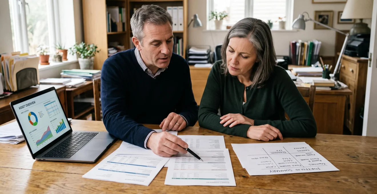 Un conseiller financier et une cliente examinent ensemble, autour d'une table, l'ensemble des documents de leur patrimoine pour en évaluer le risque global.