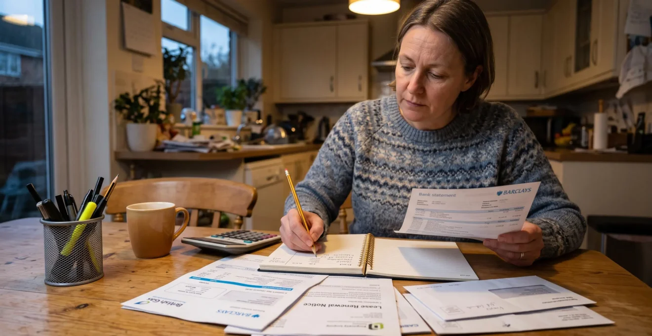 Une femme assise à la table de sa cuisine liste ses dépenses fixes dans un carnet avec une calculatrice et des documents du foyer étalés devant elle.