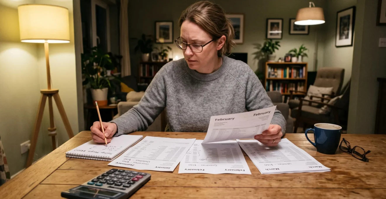 Une personne compare ses relevés bancaires des derniers mois autour d'une table et note un montant au crayon près d'une calculatrice.