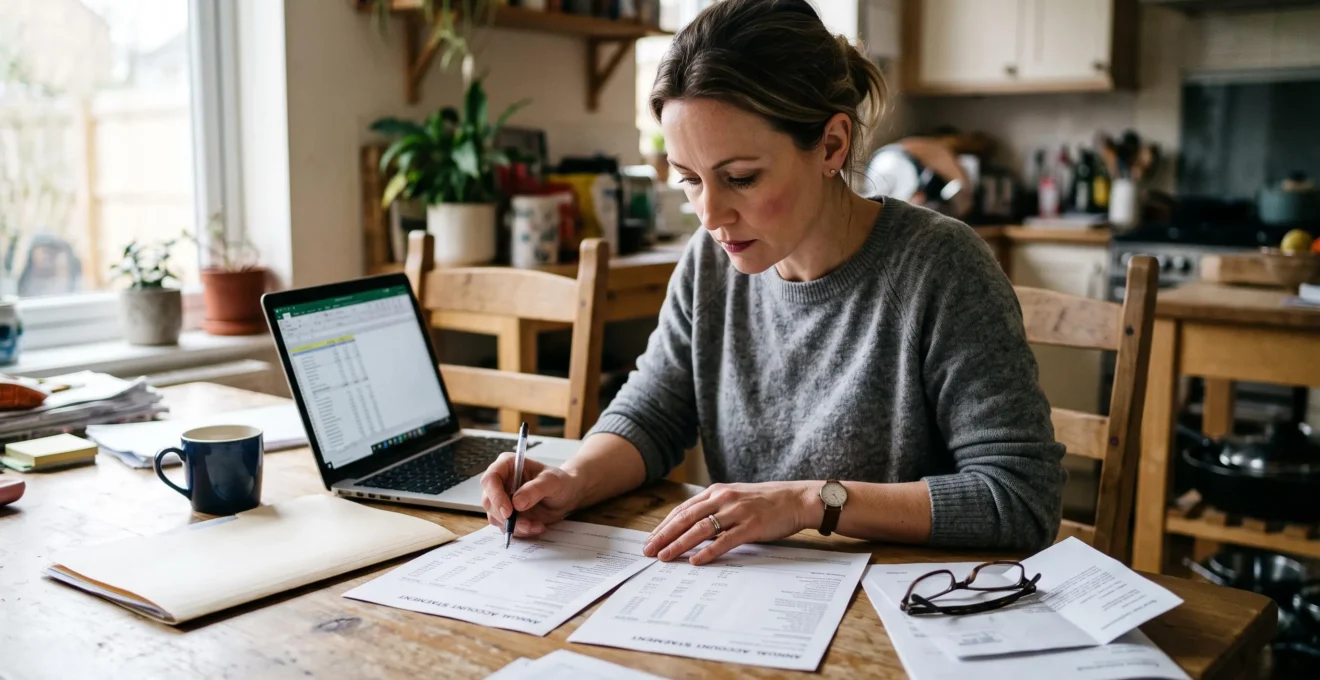 Une personne compare deux relevés bancaires annuels à une table, un ordinateur portable ouvert devant elle, pour vérifier les frais prélevés sur son placement.