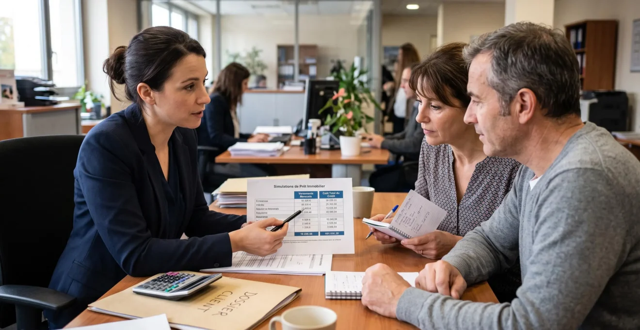 Un conseiller bancaire montre un tableau de simulation de crédit à un couple assis en face de lui, stylo en main, dans un bureau d'agence.