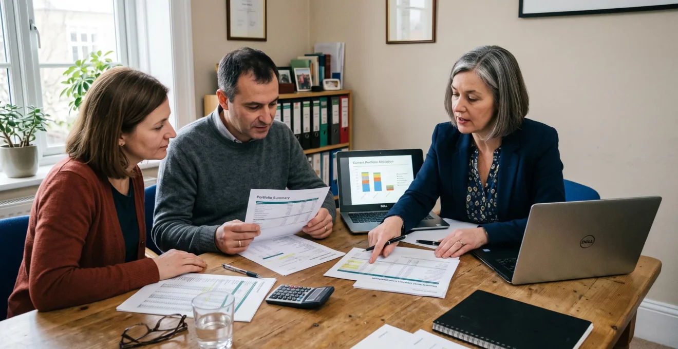 Un conseiller financier examine avec un couple des documents comparant des placements sur une table de bureau.