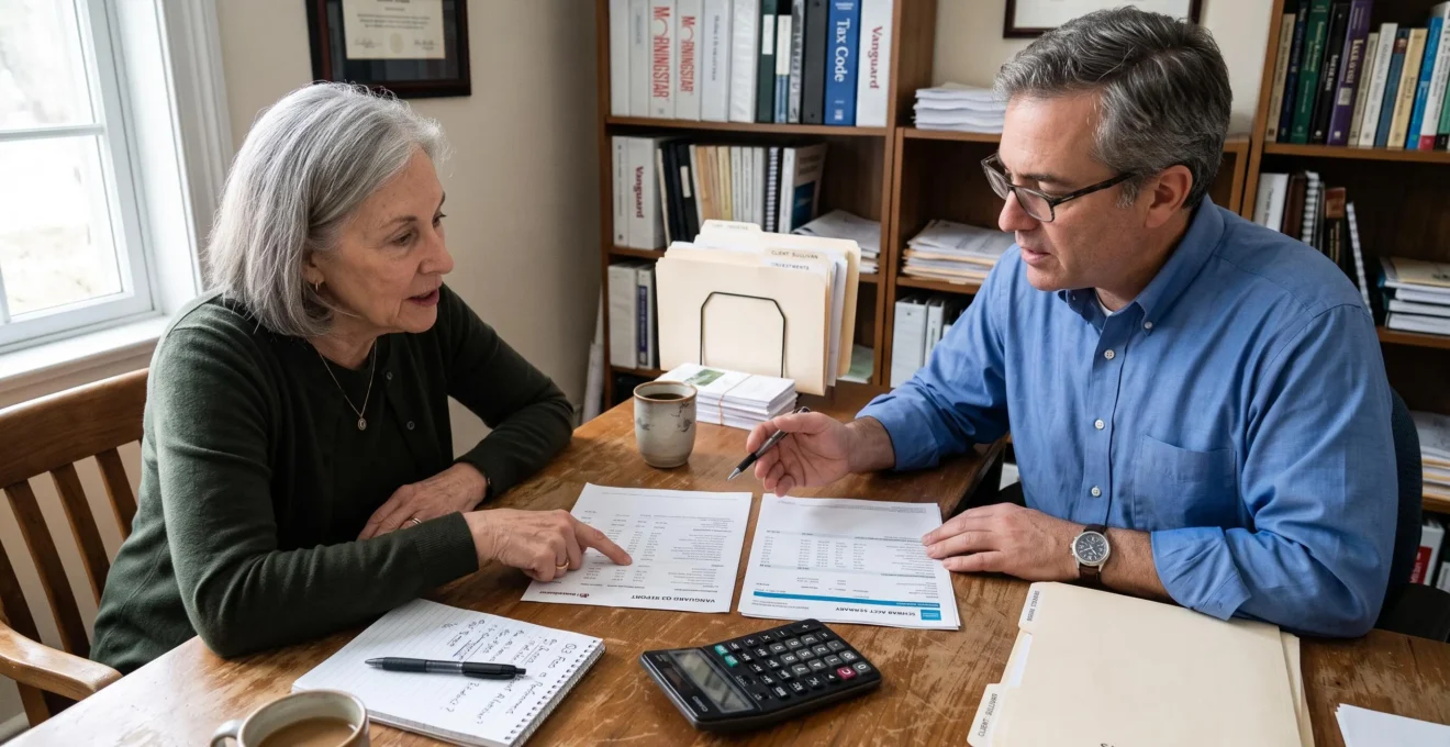 Un conseiller financier compare deux relevés de placement avec un client lors d'une rencontre de conseil, appuyé par une calculatrice et des notes manuscrites.