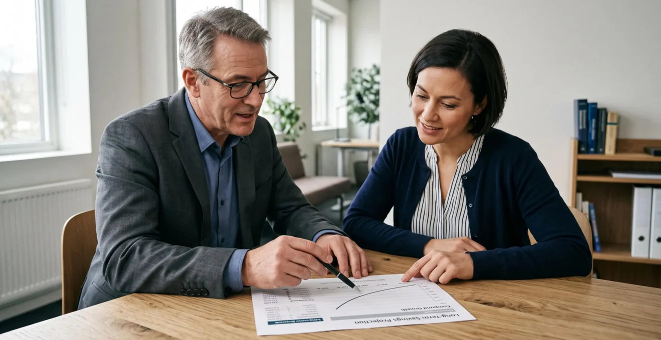 Un conseiller financier montre à un client la courbe de croissance d'un plan d'épargne imprimé sur une feuille posée sur la table.