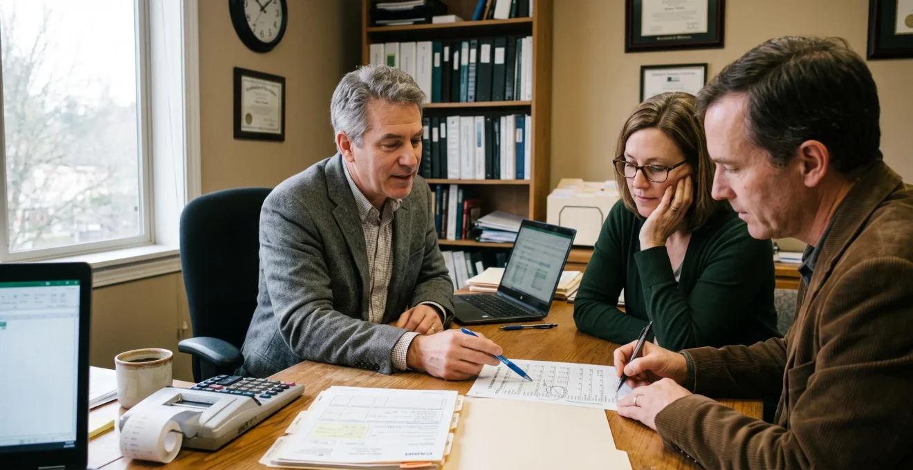 Un conseiller financier explique un document de projection retraite à un couple assis à son bureau, entouré de documents et d'une calculatrice.
