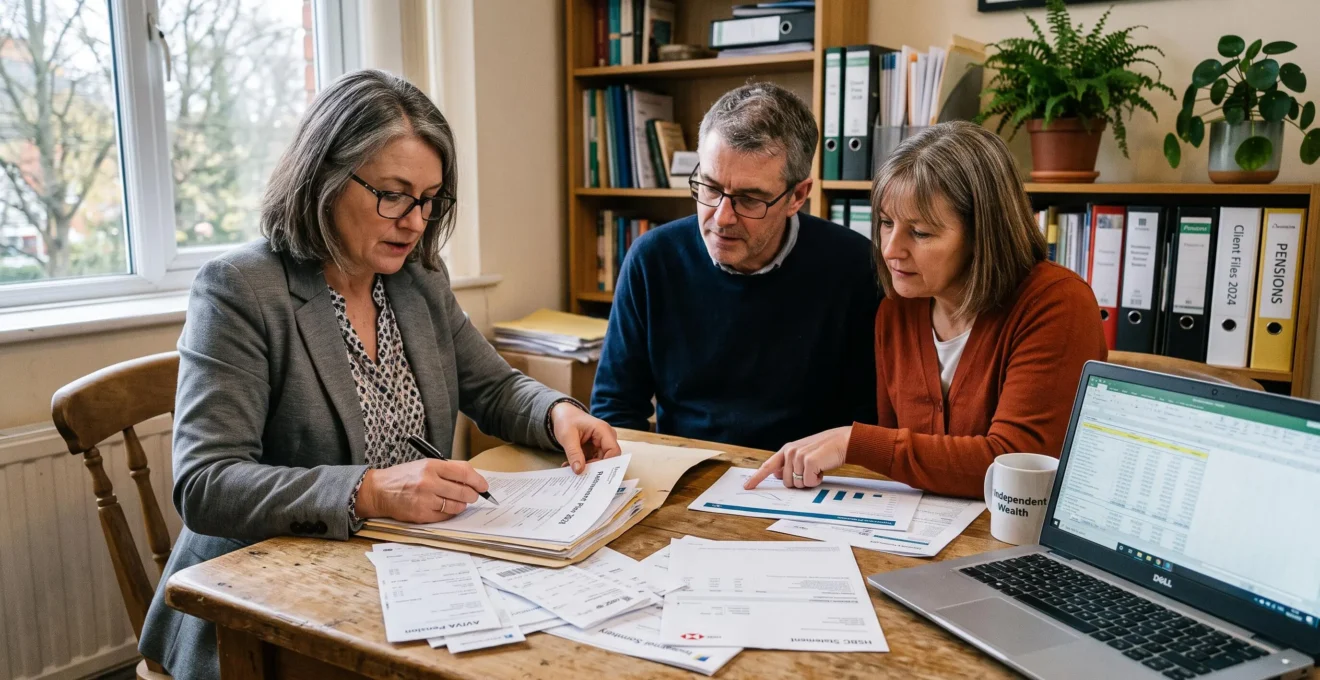 Un conseiller patrimonial explique des documents financiers à un couple assis autour d'une table de bureau.