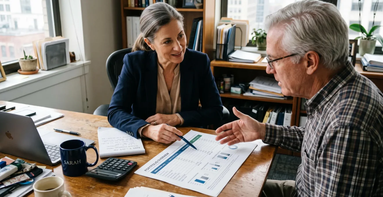 Un conseiller financier et son client examinent ensemble un tableau de répartition du patrimoine posé sur une table de bureau.