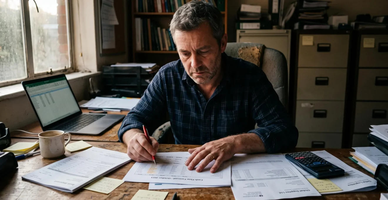 Un dirigeant d'entreprise examine seul à son bureau des documents de trésorerie et des factures, un stylo à la main, en fin de journée.