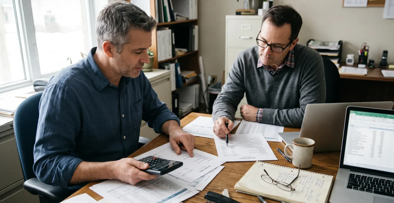 Un dirigeant et un comptable analysent ensemble des documents comptables imprimés autour d'une calculatrice dans un bureau d'entreprise.
