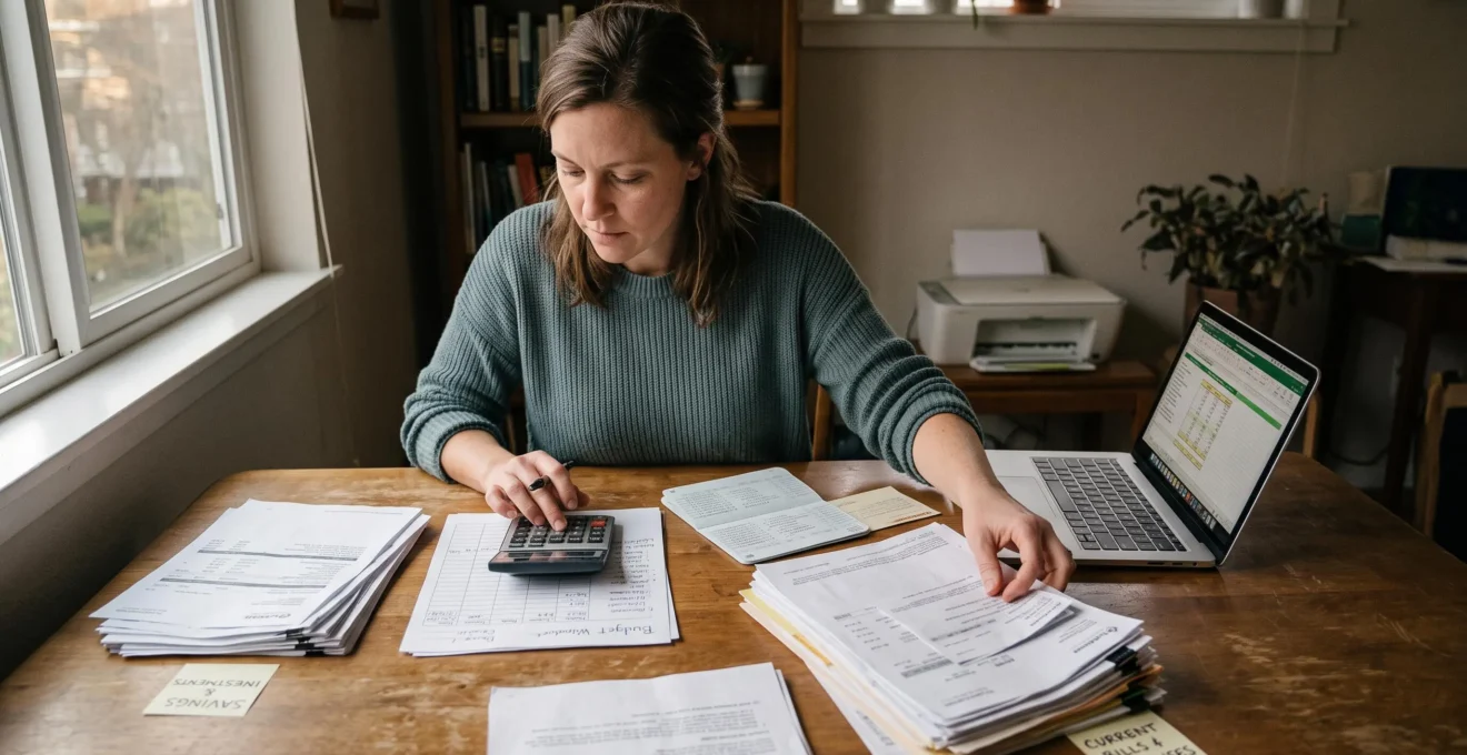 Une entrepreneuse assise à une table en bois trie ses relevés bancaires en deux piles distinctes tout en remplissant une feuille de budget à la calculatrice.