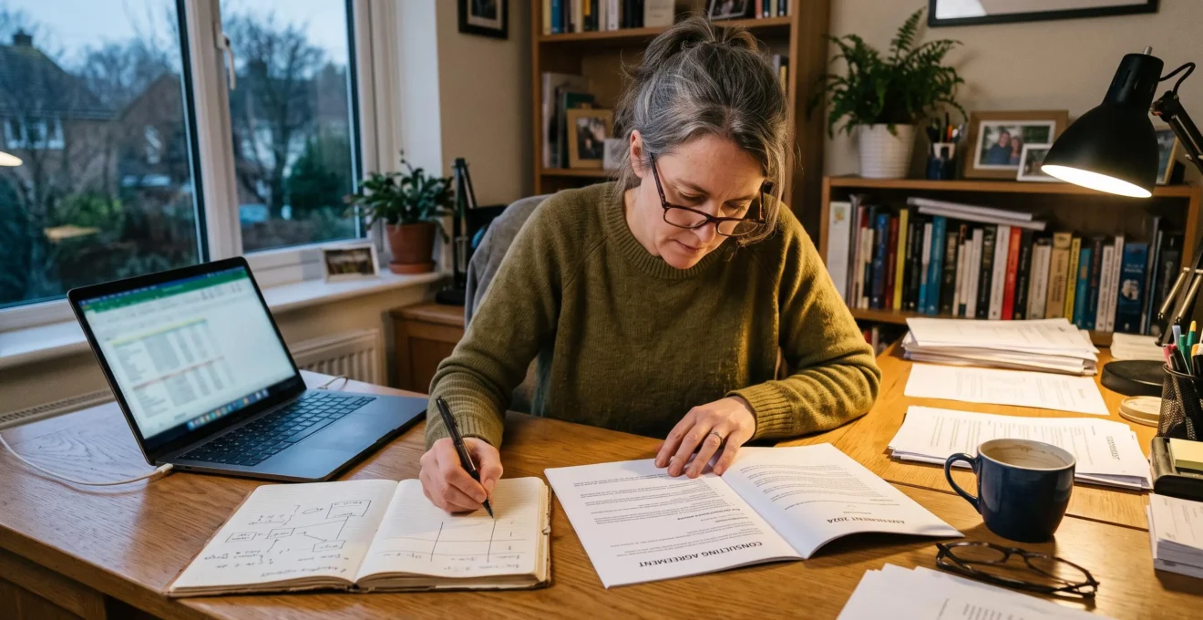 Une femme compare plusieurs documents de contrat et prend des notes dans un cahier réparti en colonnes, à son bureau, le soir.