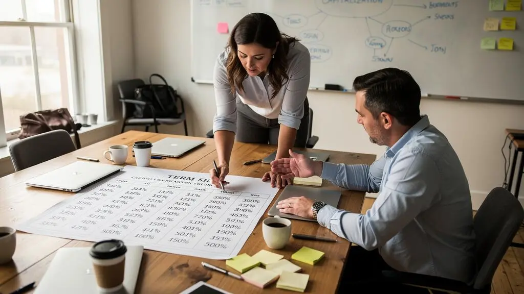 Une fondatrice examine une table de capitalisation imprimée avec un conseiller financier indépendant avant des négociations avec des investisseurs