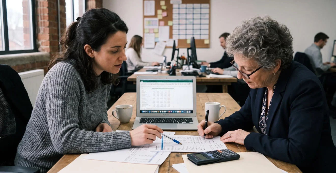 Une fondatrice et une comptable examinent ensemble un plan de financement imprimé posé sur une table de travail.