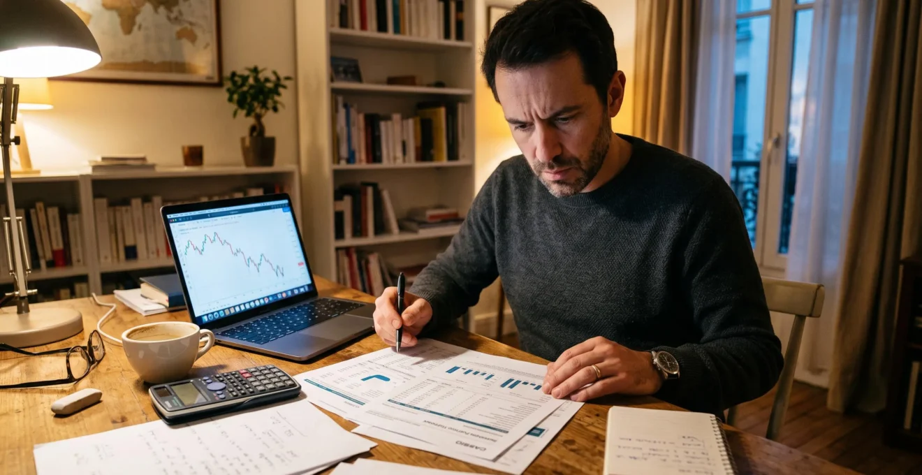 Une personne assise à son bureau domestique le soir examine un relevé de portefeuille imprimé à côté d'un ordinateur portable affichant un graphique en baisse.