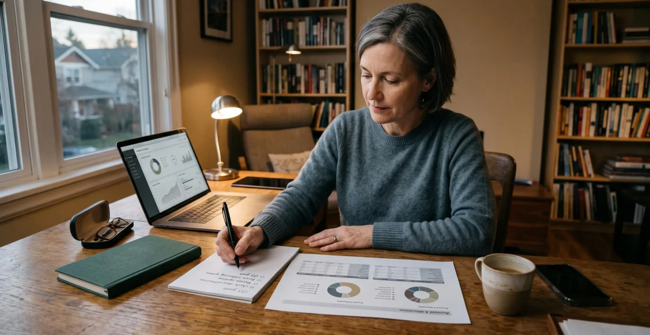 Une personne examine calmement une fiche d'allocation de portefeuille imprimée à côté d'un ordinateur portable dans un bureau à domicile.