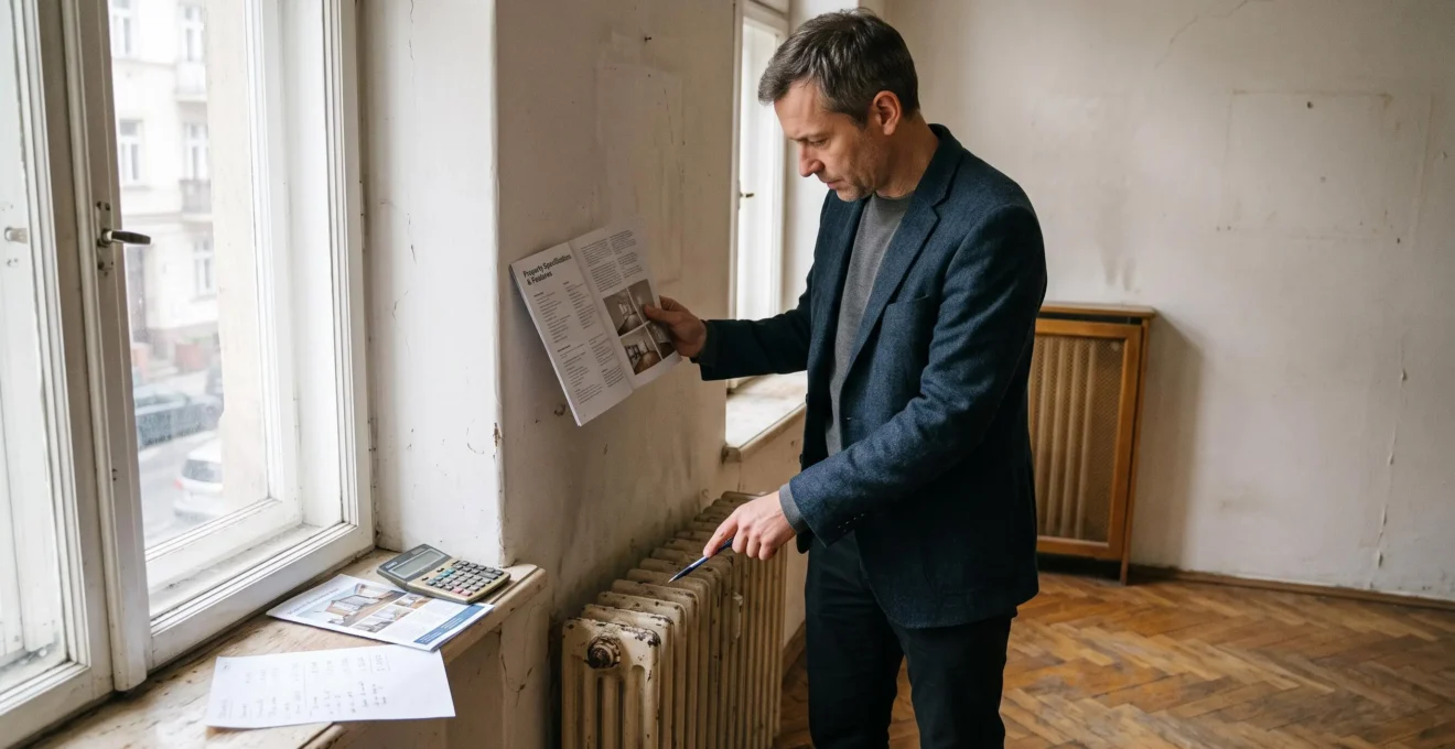 Un investisseur immobilier compare un dossier d'achat avec l'état réel d'un appartement vide lors d'une visite.