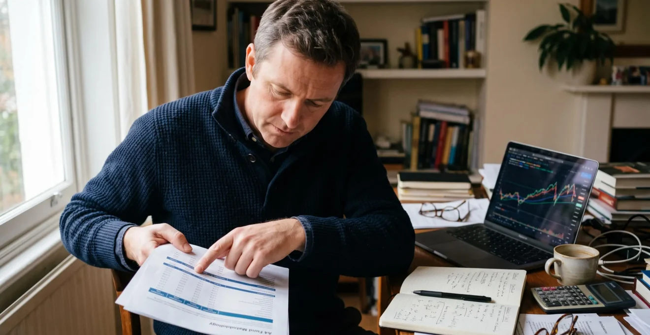 Un investisseur compare une fiche méthodologique imprimée avec un graphique d'indice boursier affiché sur son ordinateur portable, dans un bureau domestique.