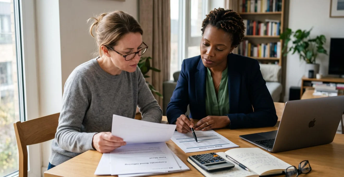 Une investisseuse et un conseiller examinent ensemble des documents obligataires imprimés posés sur une table, entourés d'une calculatrice et de notes manuscrites.