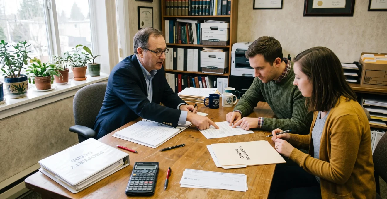 Un notaire montre une page d'un contrat à un couple d'acheteurs assis à la table de son étude, avec une calculatrice et des dossiers posés sur le bureau.