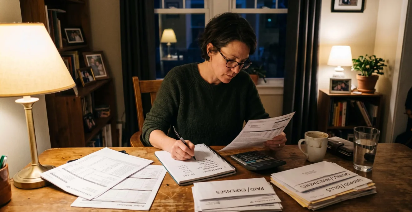 Une personne assise à sa table de cuisine compare ses relevés bancaires et note ses dépenses mensuelles dans un carnet pour organiser ses protections financières.