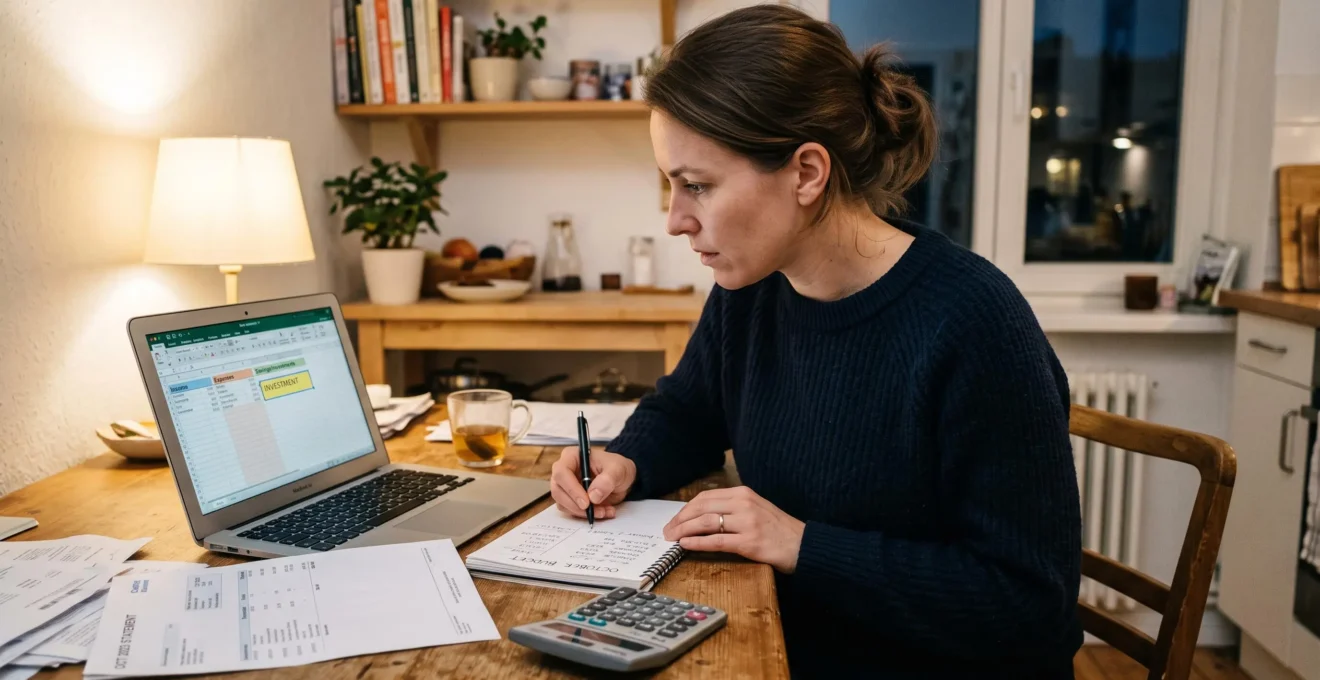 Une personne assise à la table de sa cuisine note un montant mensuel dans un carnet, un relevé bancaire, une calculatrice et un ordinateur portable posés devant elle.