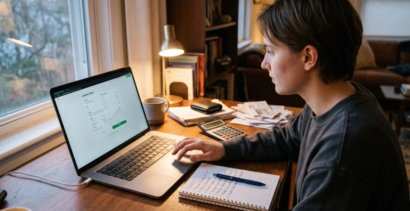 Une personne prépare son premier achat d'actions sur un ordinateur portable, un carnet de notes et une calculatrice posés à côté du clavier.
