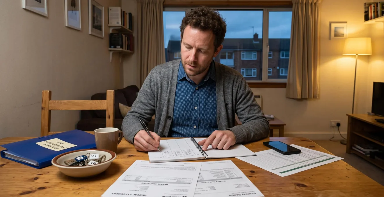 Un propriétaire assis à la table de sa cuisine compare des relevés bancaires et un carnet de calcul pour évaluer la trésorerie de son investissement locatif