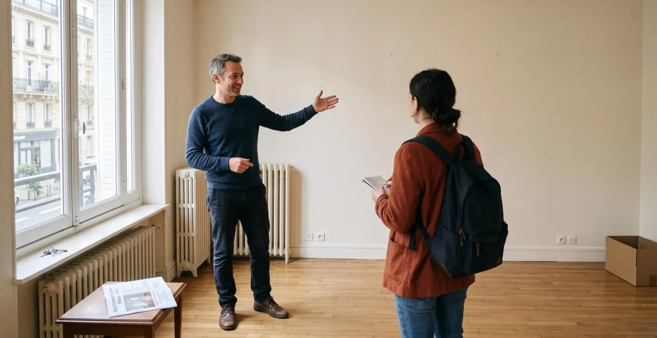 Un propriétaire fait visiter un appartement vide à un candidat locataire près de la fenêtre du salon.