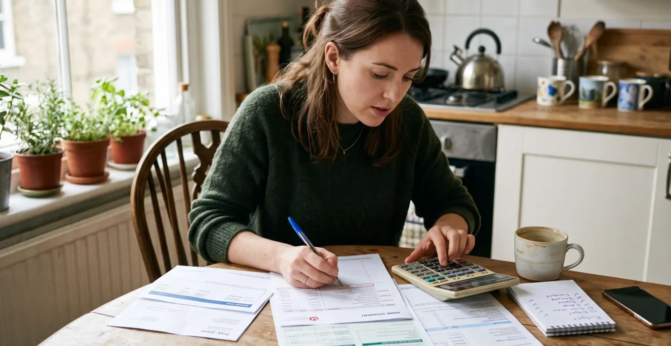 Une personne assise à une table compare ses bulletins de paie et ses relevés bancaires en annotant des montants à la calculatrice.