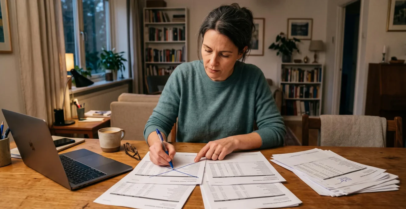 Une personne compare des relevés de portefeuille imprimés et barre des lignes redondantes à son domicile.