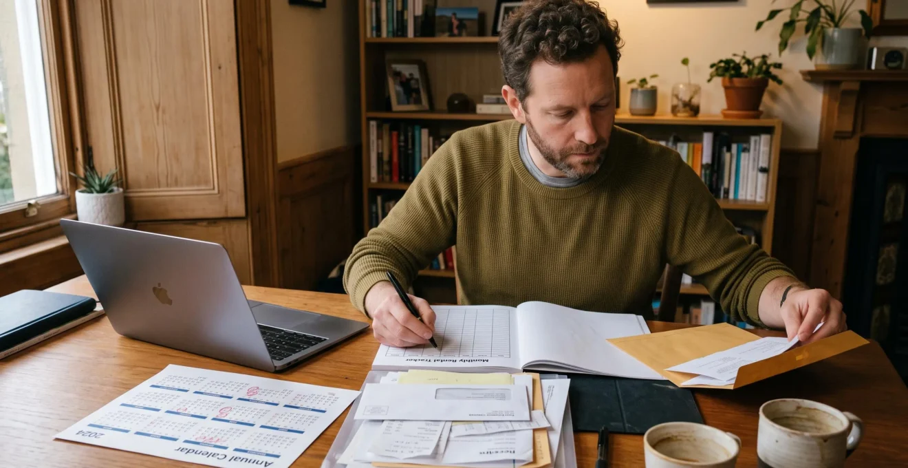 Un propriétaire assis à son bureau effectue sa routine mensuelle de gestion locative avec un registre papier, un calendrier annuel et des documents du locataire.