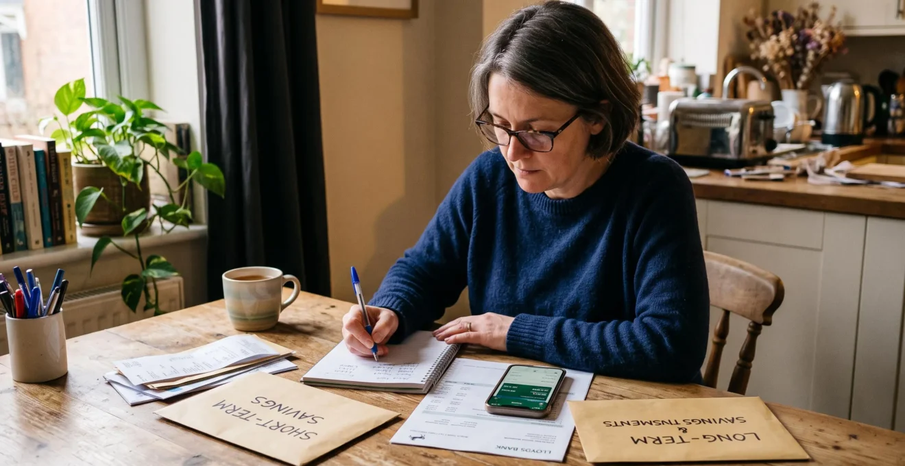 Une femme trie ses documents bancaires et son épargne à la table de sa cuisine, un carnet de notes à la main.