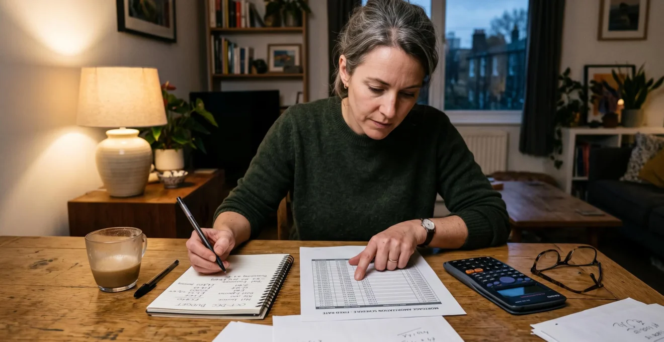 Une femme compare à sa table un échéancier de prêt imprimé et ses calculs manuels de budget dans un carnet.
