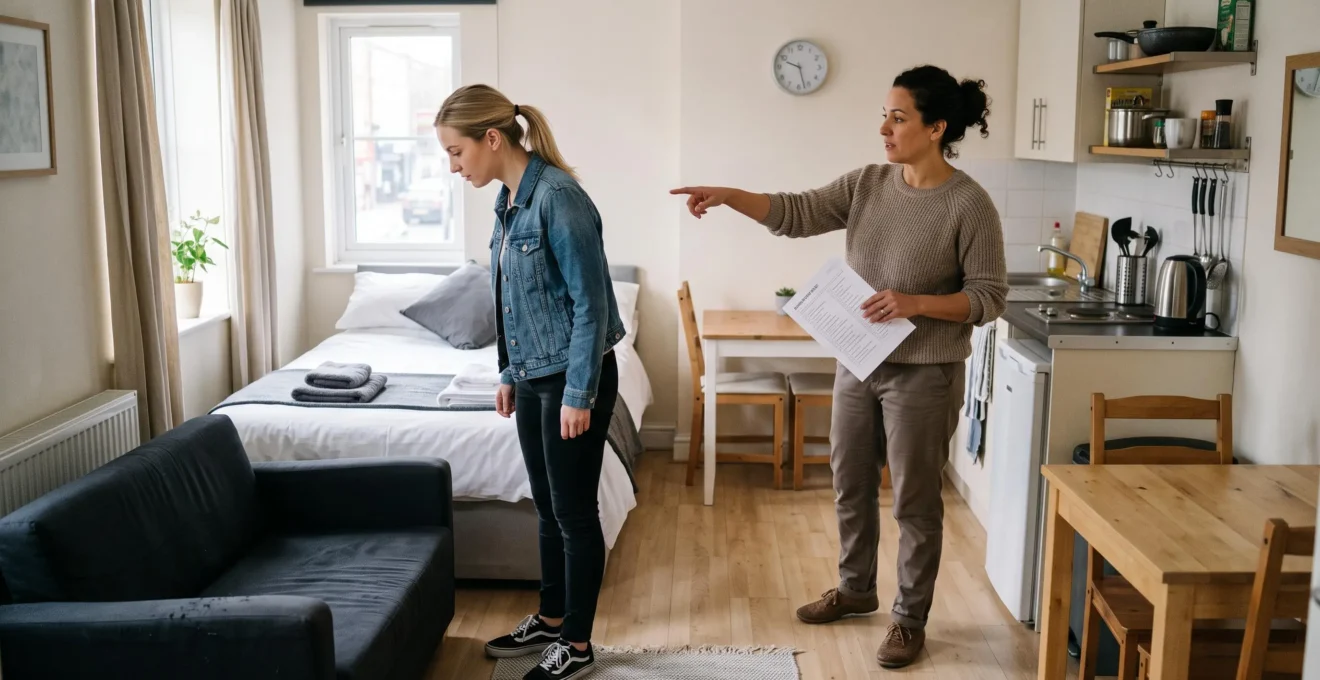 Un propriétaire fait visiter un studio meublé équipé à un futur locataire, avec une liste d'inventaire du mobilier en main.